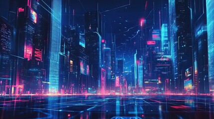 Fototapeta premium Neon Cityscape Futuristic urban scene at night, glowing, digital art
