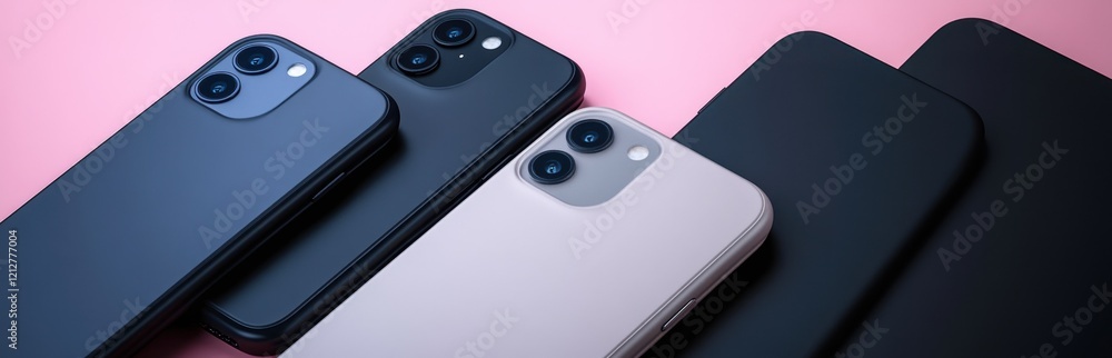 Poster a collection of modern mobile phones displayed on a colorful background, showcasing sleek designs an