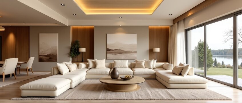 A modern living room with a minimalist aesthetic, featuring a beige sectional sofa, a wooden coffee table, and a large window overlooking a serene lake