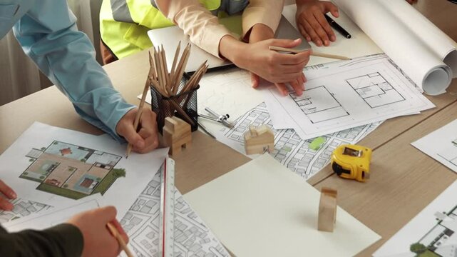 Smart architect and safety engineer discussion about building blueprint on table with architectural document, measurement tools and wooden block scatter around at modern office. Closeup. Delineation.