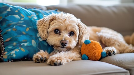 Adorable Fluffy Dog Relaxing On Couch With Toy