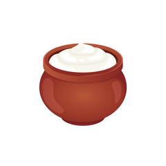 Sour cream in bowl in flat design. Farm dairy product, milk ingredient. Vector illustration isolated.