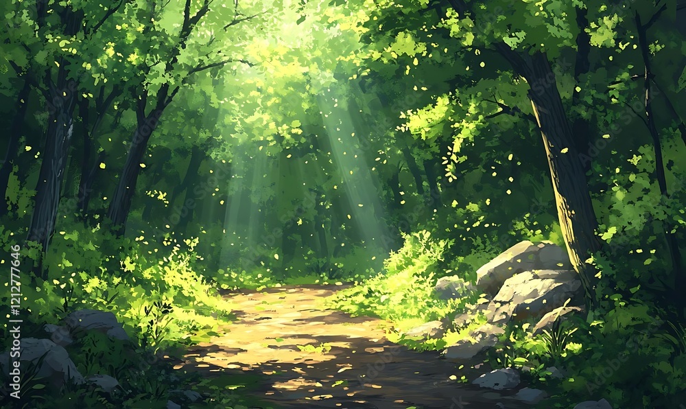 Poster sunbeams illuminate a path through a lush green forest, dappled light filtering through leaves onto 