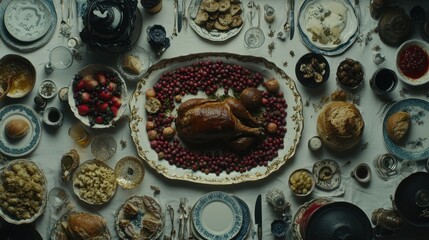 Overhead view of a lavish, rustic feast with roasted chicken, berries, bread, cheese, and various dishes on a large table.