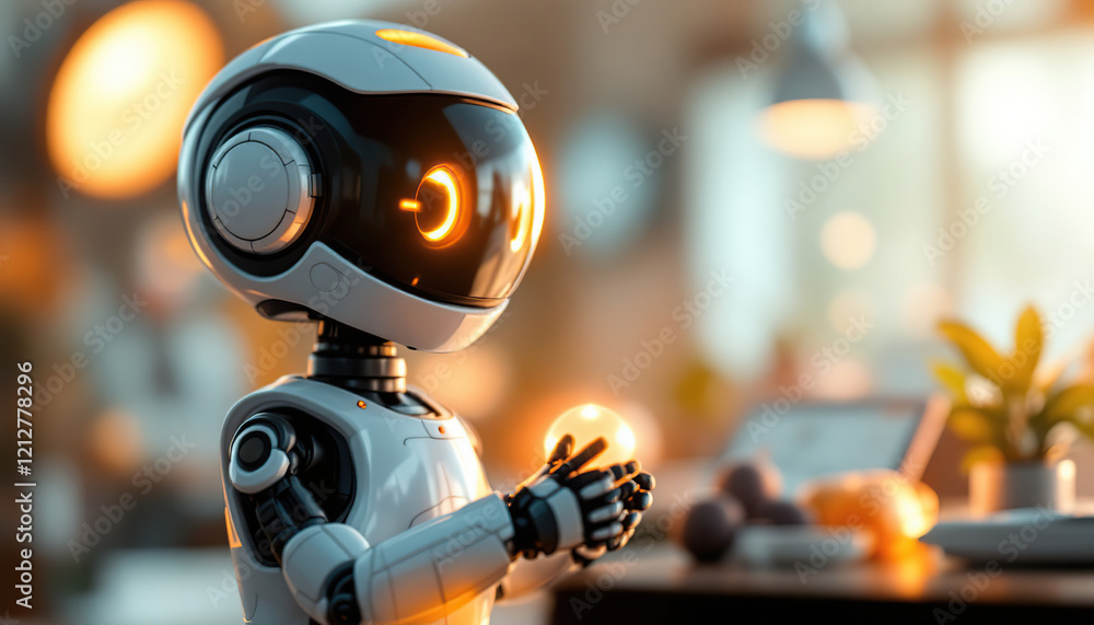 Poster Small Robot Holds Glowing Orb in Modern Setting