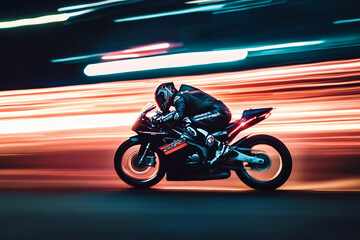 Fototapeta premium High-speed motorcycle racing under night lights, capturing the thrill and adrenaline of bike racing, generative AI