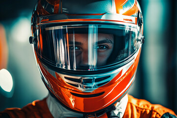 Intense portrait of a focused car racer in a helmet showcasing determination and speed, generative AI