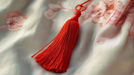 A single decorative red tassel styled on a pastel fabric for Chinese New Year. picture