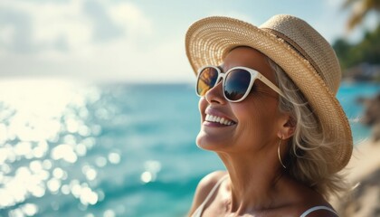 Fototapeta premium Smiling mature caucasian female enjoying sunny beach in stylish hat and sunglasses