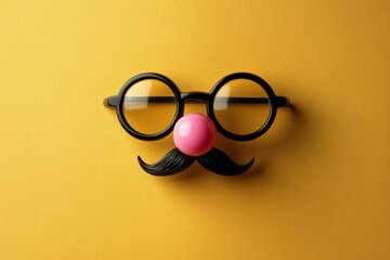Fun glasses with a pink nose and mustache on a vibrant yellow background