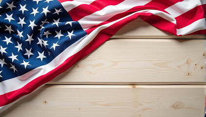Patriotic flag draped on light wooden planks, leaving ample space for text or design elements. Perfect for holiday celebrations or nationalistic themes.