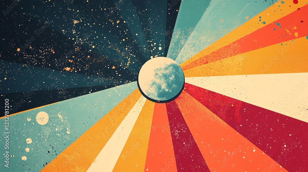 Aufkleber Full moon shining over colorful retro background with starry sky