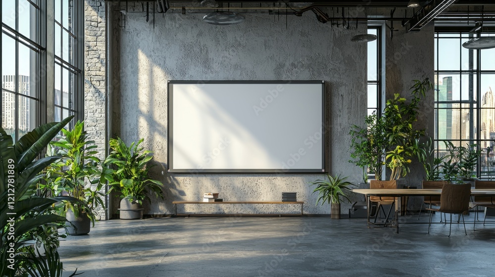 Poster Inside a stylish office space, a large blank whiteboard stands empty against a textured wall. Lush plants add a refreshing touch, creating an inspiring atmosphere for collaboration and ideas