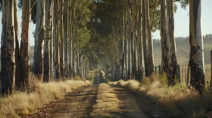 Obraz premium A picturesque plantation of eucalyptus trees lined along a rural road.