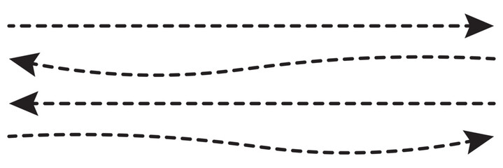 Hand drawn dot arrow vector set. Hand drawn line doodle arrow, curve arrow icon vector set. Vector illustration. Hand drawn dotted arrows set. Sketch curved dashed arrows design.