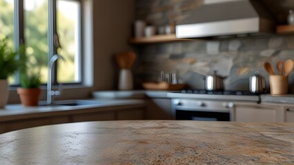 Obraz premium Stone table top and blurred kitchen interior background - can used for display or montage your products. Generative AI