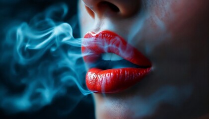 Sensual Red Lips Exhaling Smoke Dramatic Image