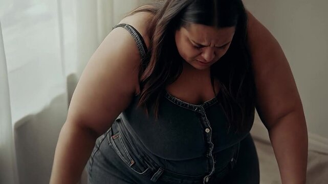 Stressed woman wearing jeans fat figure overweight fatty waist body size upset dissatisfied female girl worried bad result slimming weight loss diet obese eating disorder health problem sport at home