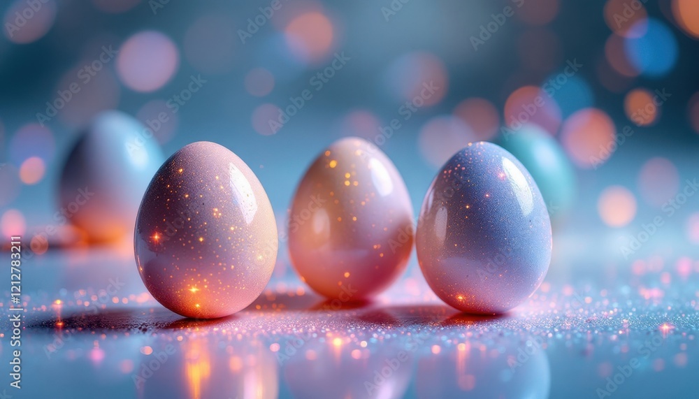 Poster glittering multicolored eggs with sparkling lights in soft focus