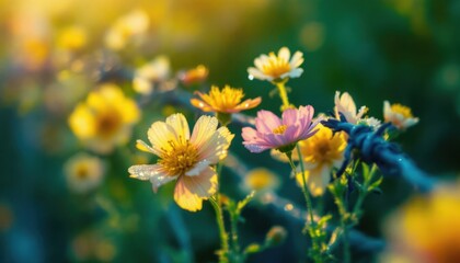 Vibrant wildflowers in morning sunlight with dew