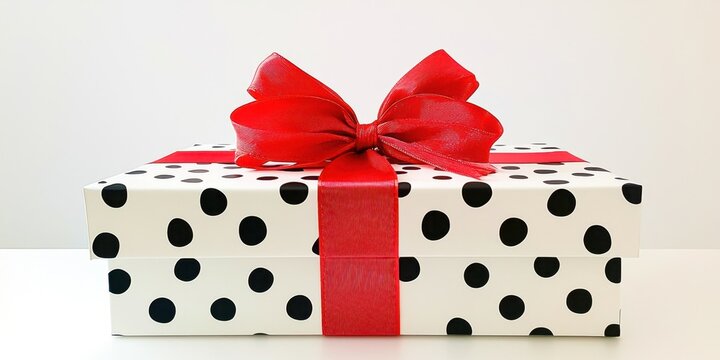 White box with black polka dots and red ribbon