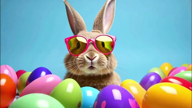 Funny cheerful rabbit in bright sunglasses on blue background. Creative Easter background, spring funny hare. Cute Easter Bunny, spring, easter holiday 