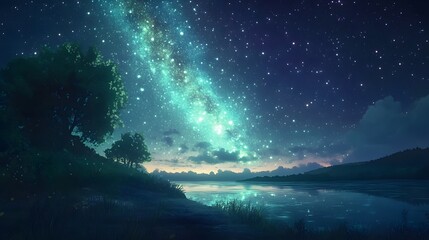 Naklejka premium Serene Nightscape Featuring Milky Way Over Calm Lake