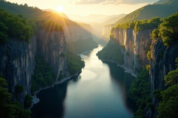 Fototapeta premium Serene river flows through a canyon surrounded by lush greenery and towering cliffs