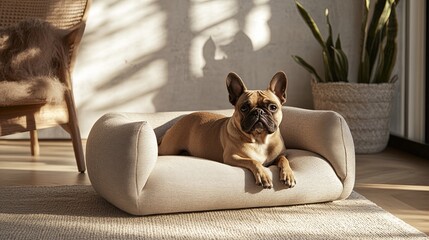 A single ergonomic pet bed subscription flyer styled with clean natural textures. picture