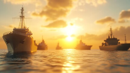 Fototapeta premium Serene seascape, majestic ships sail the expansive blue ocean under a tranquil sky