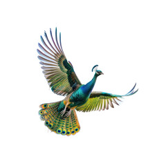 Majestic Flight: A peacock soars gracefully through the air, showcasing its iridescent plumage and elegant form. ©  
