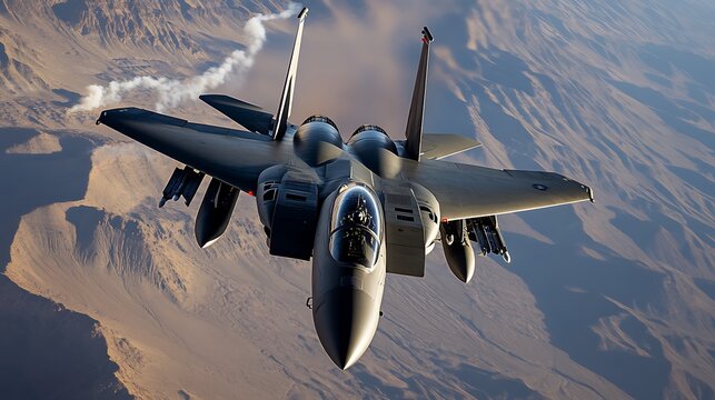 F15 Eagle Fighter Jet Soaring Above Desert Landscape