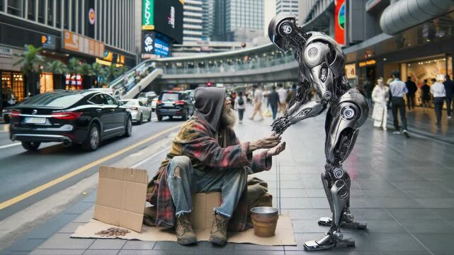 Robot talks with a homeless man in a modern city street