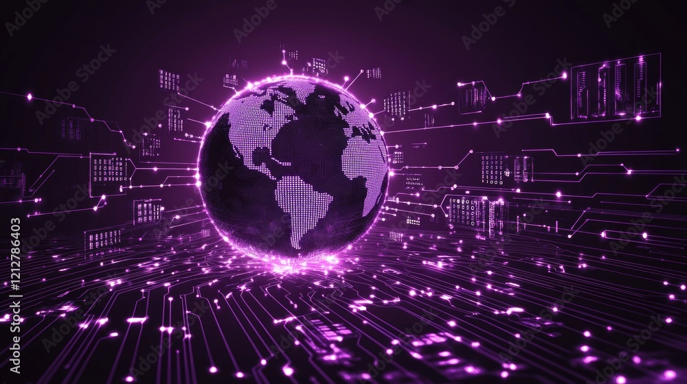 Poster digital earth with purple circuitry and data points in futuristic technology style