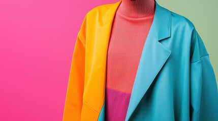 A dynamic shot of a fashion show, focusing on a bold avant-garde outfit on the runway with vibrant colors and minimalist background