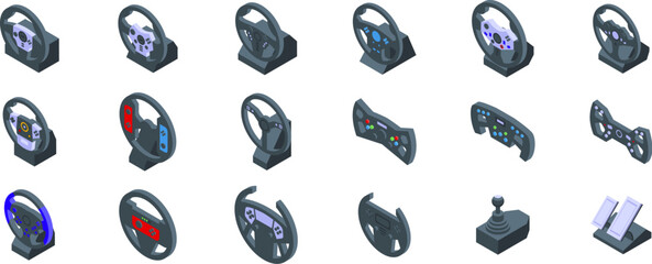 Game controller steering wheel icons set. Different types of racing wheels and gaming controllers offer realistic control for simulation games