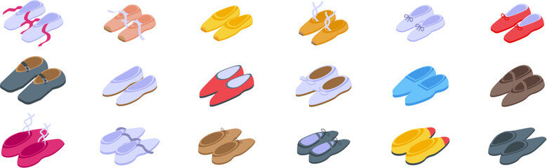 Ballerina footwear icons set. Colorful footwear for dancers, showcasing various styles and designs for ballet and contemporary dance