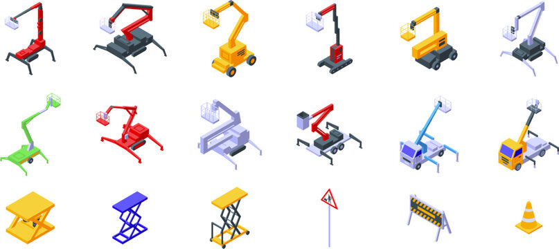 Lift platform basket icons set. Isometric icons representing lifting platforms, including scissor lifts, hydraulic mobile cranes and construction platforms used for working at height