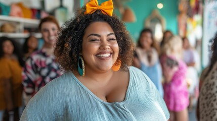 Fototapeta premium A diverse group of plus-size individuals joyfully trying on oversized clothing in a colorful store filled with accessories and mirrors