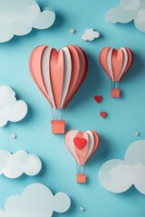 Love in the Air:  Three paper heart hot air balloons float in a whimsical sky, symbolizing the joy and wonder of love, friendship, and connection.
