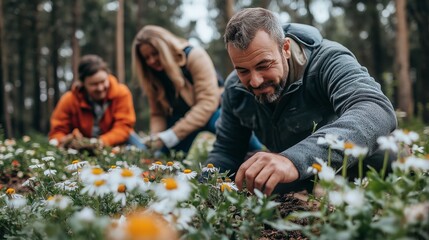 Overweight individuals participating in a community gardening project, surrounded by blooming flowers and gardening tools in a natural setting