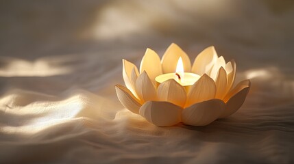 A single glowing lotus flower candle resting on a soft neutral background for Chinese New Year. picture