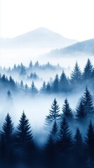 Fototapeta premium Soft morning light bathes the misty forest, revealing ethereal layers of trees across rolling hills in tranquil blues