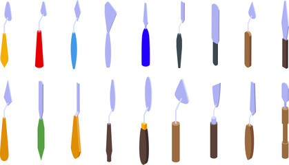 Palette knife icons set. Palette knives with various shapes and handles for applying and mixing paint, creating textured effects, and other artistic techniques