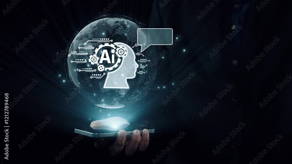 Poster human interact with ai artificial intelligence brain processor in concept of ai artificial intellige