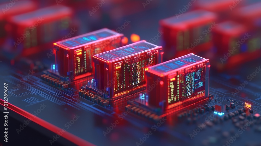 Poster illuminated computer processor, red and blue lights highlight intricate circuitry technological powe