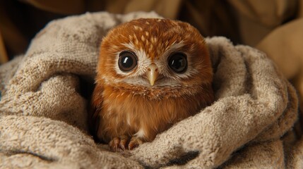 Obraz premium Adorable small brown owl nestled in soft blanket close-up