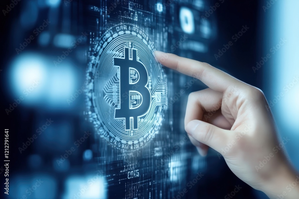 Poster futuristic bitcoin interaction with digital interface