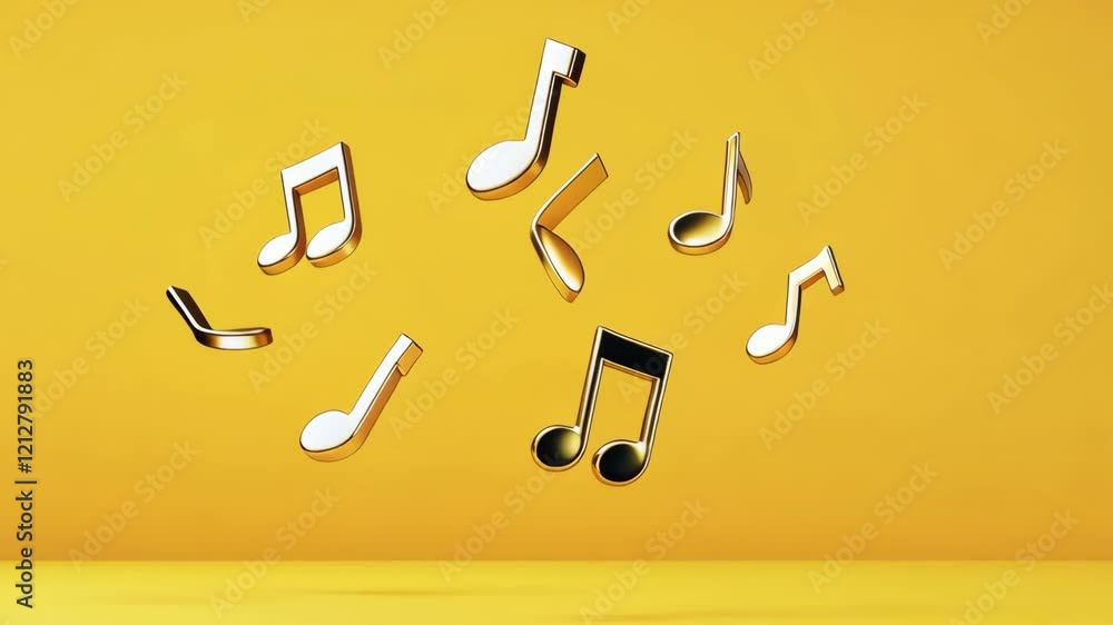 Poster golden musical notes floating against vibrant yellow background create lively and artistic atmospher