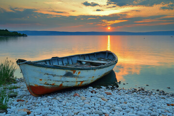 Fototapeta premium Old Fishing Boat on Pebble Beach at Sunset